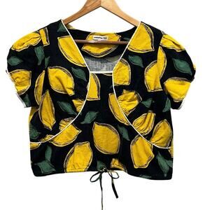 MOON RIVER Anthropologie Women's Lemon Crop Top Sz L Linen Summer Easter Preppy